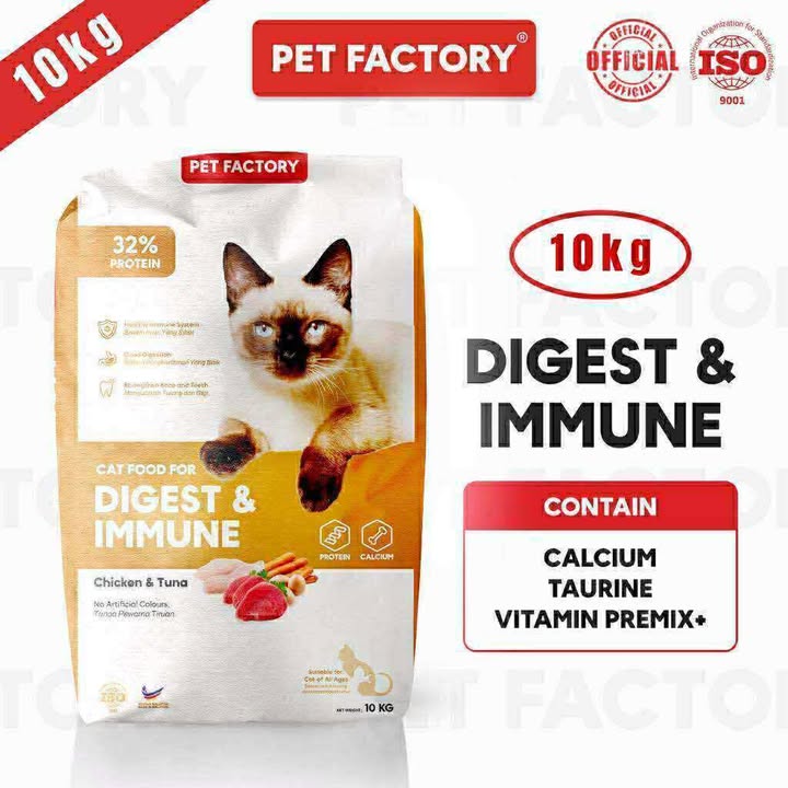 [ Pet Factory ] 10kg Cat Food ( Protein 32%). Chicken Tuna & Milk For Digest & Immune Makanan Kucing